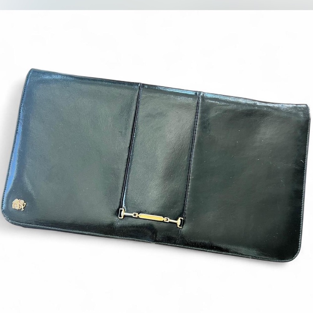 Vintage 1970s Black Lottusse Leather Handbag with Gold Horsebit & Lion Crest